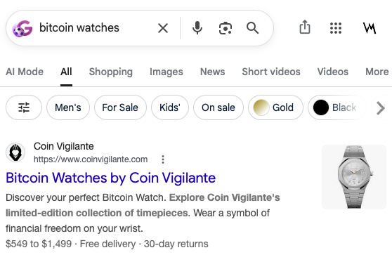 Google search for bitcoin watches showing Coin Vigilante ranking first with a product snippet
