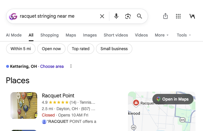 Google search for racquet stringing near me showing Racquet Point ranked number one