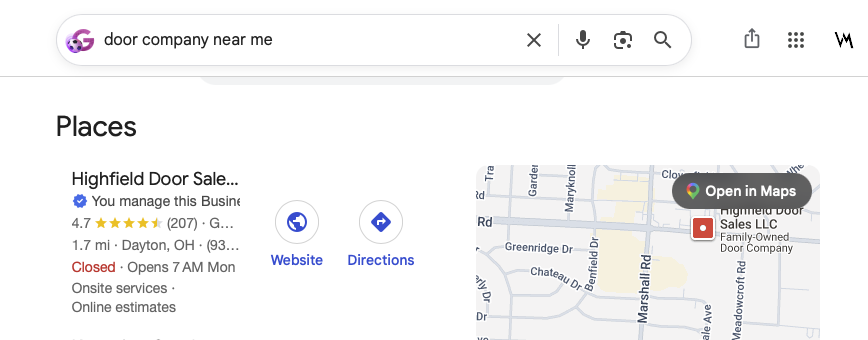 Google search for door company near me showing Highfield Door Sales in the local map pack