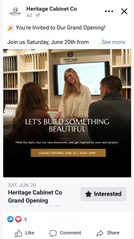 Heritage Cabinet Co showroom Facebook ad by Vigilante Media