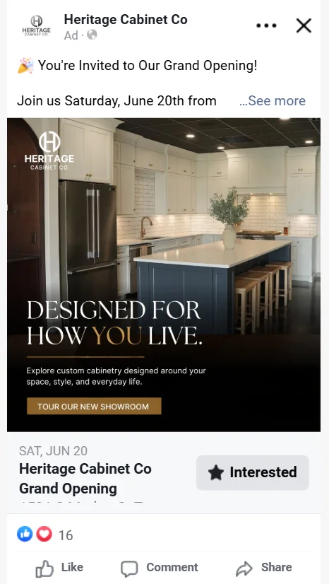 Heritage Cabinet Co custom kitchen Facebook ad by Vigilante Media