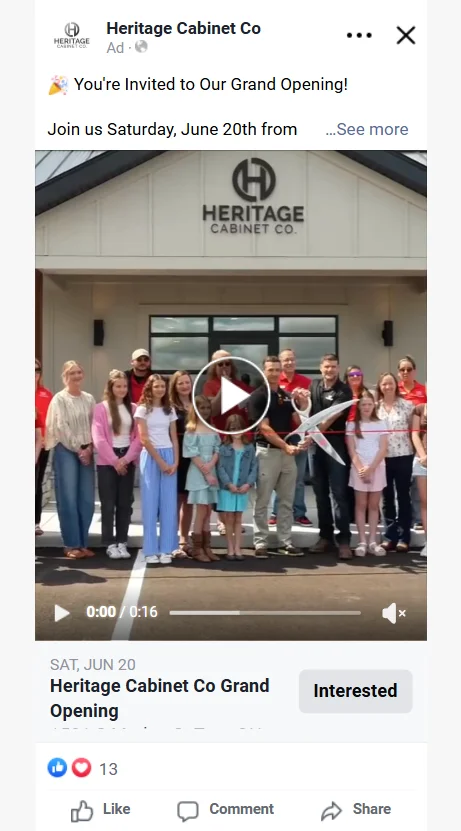 Heritage Cabinet Co grand opening Facebook ad by Vigilante Media