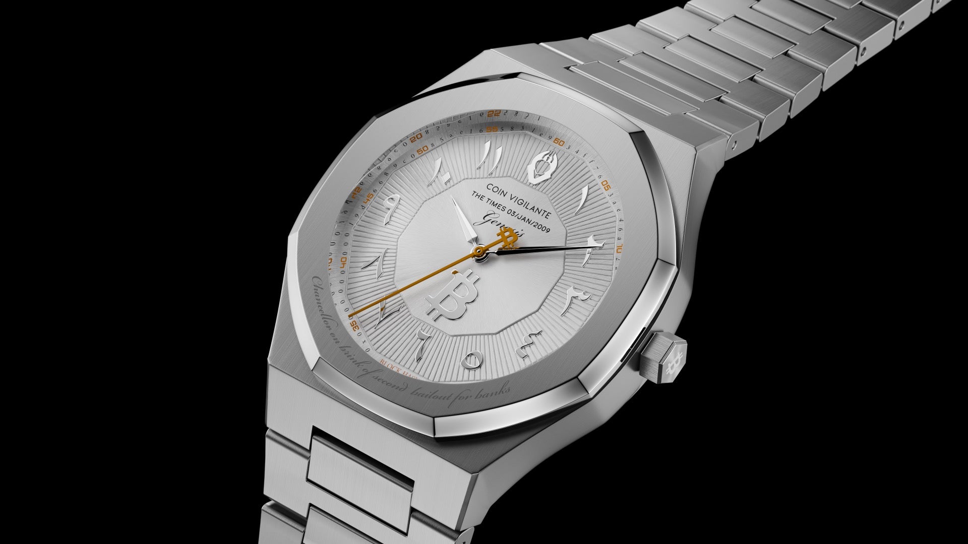 Silver Coin Vigilante wristwatch photographed on a black studio background by Vigilante Media